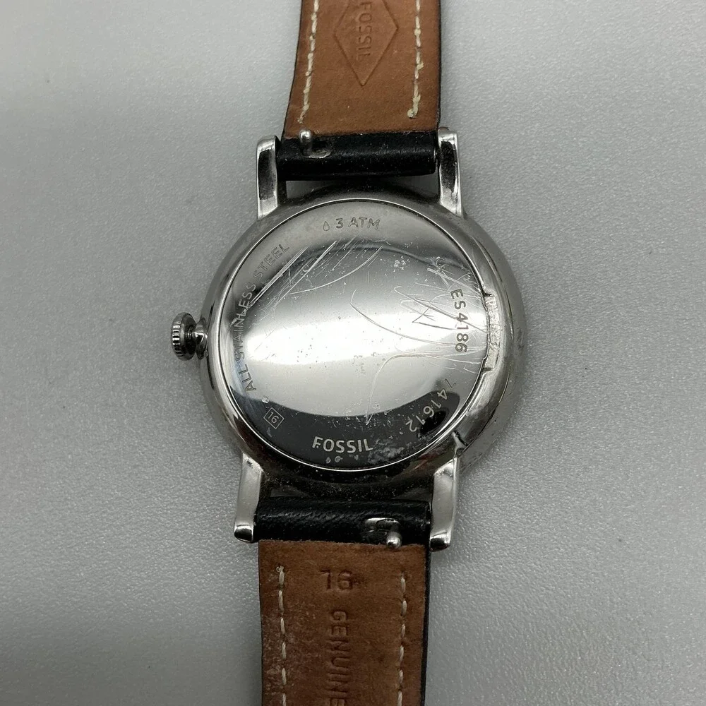Fossil ES4186 Neely Womens Watch 33mm Silver Tone Black Leather New Battery